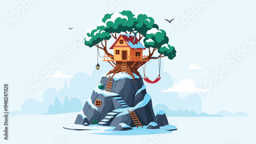 Cozy wooden treehouse built on snow covered rocky mountain with ladders and hammock during winter season outdoors.