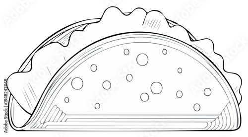 Black and white outline of a crunchy taco with visible texture and a simple cartoon style.