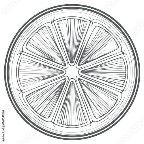 Hand drawn illustration of a citrus fruit slice from top view with radial segments