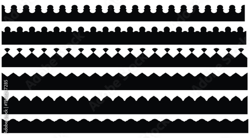 Scalloped edge seamless set. borders and dividers. Simple scalloped border. Repeat cute vintage frill ornament. Texture ribbons. stripe,tape collection isolated on white background.scallop