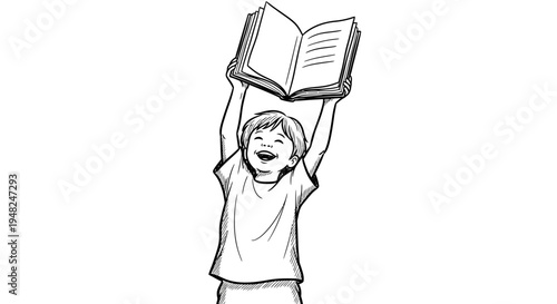 Joyful Child Holding Book Up High in Celebration of Learning.