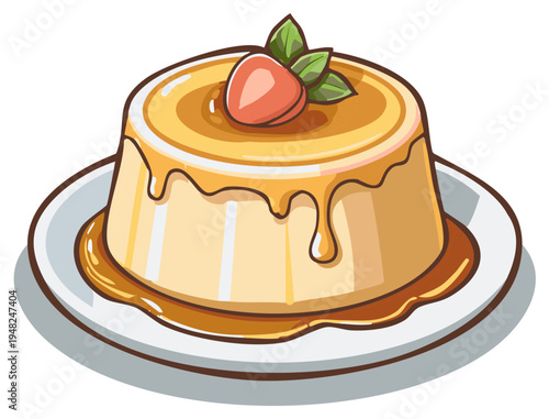 Delightful dessert illustration, showcasing custard pudding with sweet caramel drizzle and strawberry garnish on a plate.