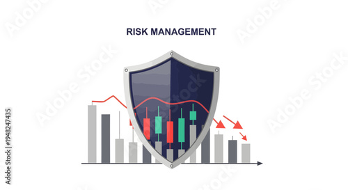 Strategic financial risk management concept with a protective shield guarding investments against market volatility and economic downturns, symbolizing security in business and finance
