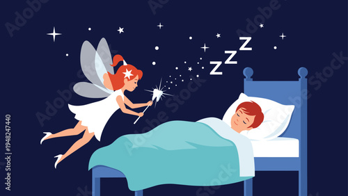 Magical tooth fairy with wand and wings flying over sleeping boy in bed at night under starry sky with sleep symbols.