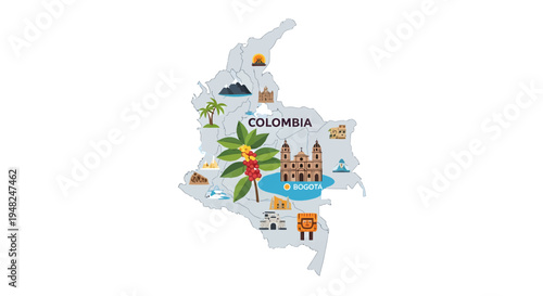 Colorful illustrated map of Colombia, showcasing its unique cultural heritage, iconic landmarks, and stunning natural diversity, inviting exploration and discovery