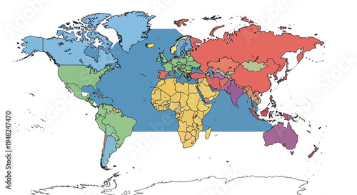 Modern Flat Design World Map Highlighting Global Geographic Regions with Color-Coded Divisions. Ideal for International Business, Environmental Analysis, and Educational Presentations