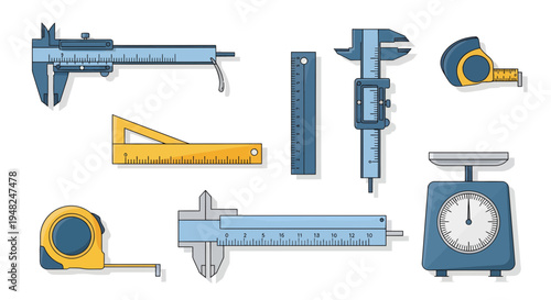 Essential Collection of Precision Measuring Instruments and Tools Calipers, Rulers, Tape Measures, and Weighing Scales for Engineering and Design
