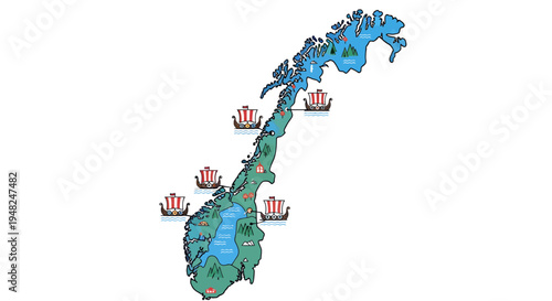 Vibrant illustrated map of Norway featuring iconic stylized Viking longships navigating its famous fjords and scenic waterways, symbolizing ancient Norse seafaring history and cultural heritage