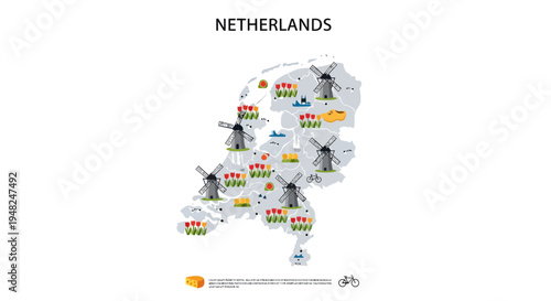Illustrated map of the Netherlands showcasing popular cultural symbols and tourist attractions, including traditional windmills, vibrant tulip fields, cheese, and bicycles, highlighting Dutch heritage