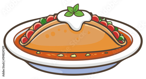Mexican Enchilada Cartoon Illustration with Sauce Sour Cream and Fresh Garnish
