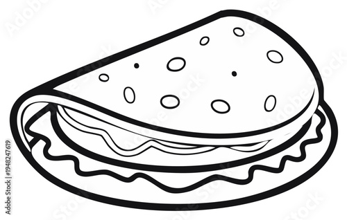 Simplified line drawing of a taco, showcasing its fillings and shape for an easy to understand illustration