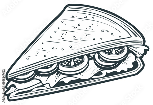 Hand drawn illustration of a delicious triangle sandwich with lettuce and tomato slices