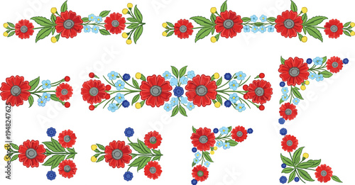 Folk floral border and corner ornament set with red flowers and leaves decorative vintage vector design