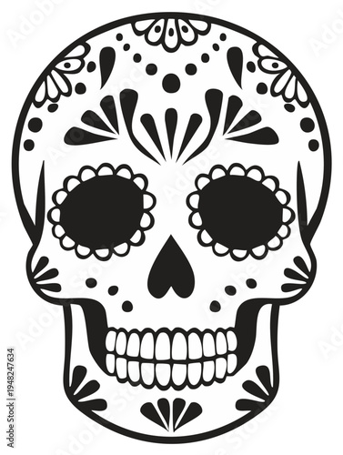 Intricate Black and White Sugar Skull Design with Floral and Dot Embellishments