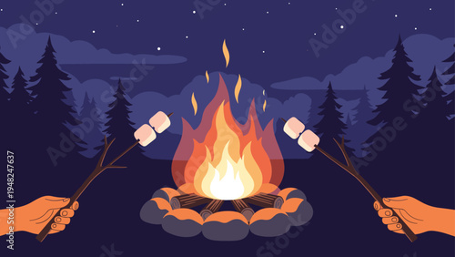 Two hands holding sticks with marshmallows over glowing campfire in dark forest under starry night sky atmosphere.