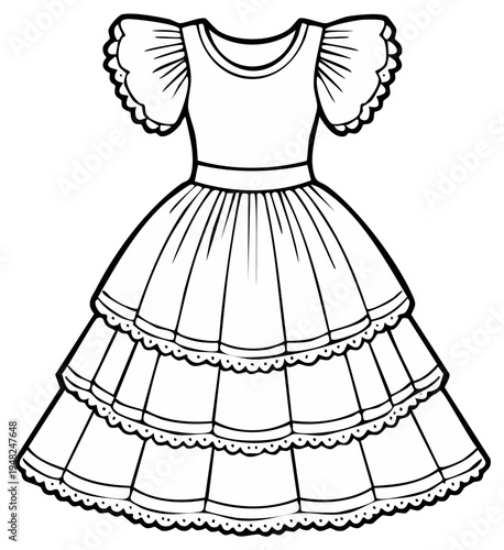 Elegant line art of a princess gown with puff sleeves and a tiered skirt for a coloring book