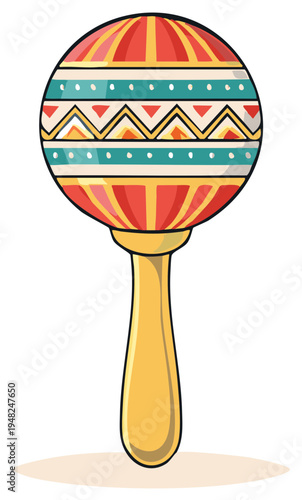 Colorful ethnic maraca percussion instrument with geometric patterns and a bright yellow handle