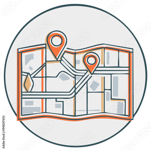 Digital map with two location markers indicating a route for navigation and travel planning