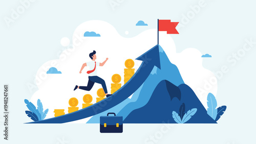 Determined businessman running up a steep rising arrow toward a success flag symbolizing career growth and financial achievement in business.