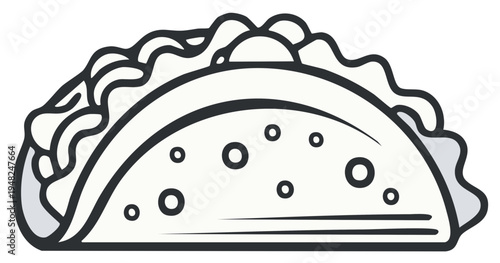 Stylized line art illustration of a classic folded taco with simple filling and a textured tortilla shell