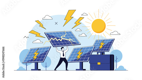 Ambitious businessman carrying a large solar panel towards a renewable energy future to represent green energy investment and sustainable growth.