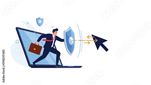 Protective businessman coming out of a laptop screen with a shield to block digital threats and secure online data and information systems.