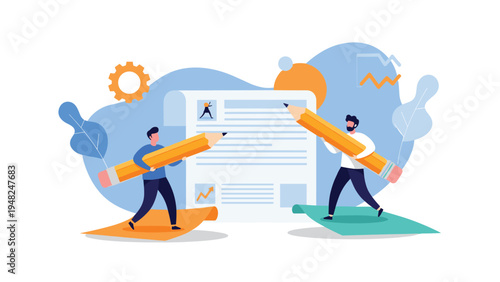 Professional colleagues working together to write a contract or document using large pencils to illustrate teamwork and collaboration in business.