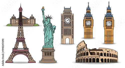 A vibrant collection of famous world landmarks featuring iconic architectural wonders and historic sites, perfect for global travel and cultural exploration