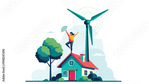 Happy woman standing on a house roof with a wind turbine nearby to showcase adoption of renewable energy and sustainable living practices.