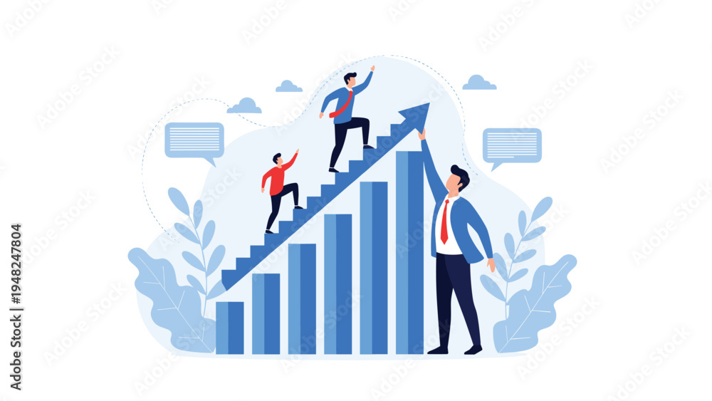 Fototapeta premium Successful leader helping his team members climb up a rising bar chart staircase representing professional mentoring and career advancement.