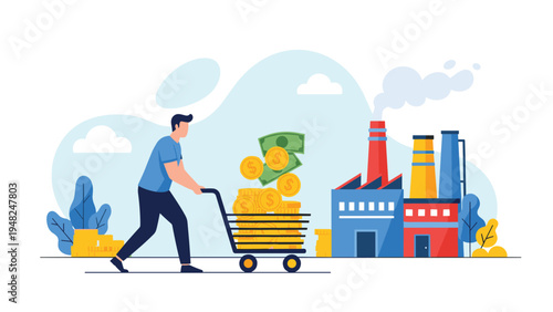 Industrial investor pushing a shopping cart filled with money toward a factory complex representing capital investment and production.