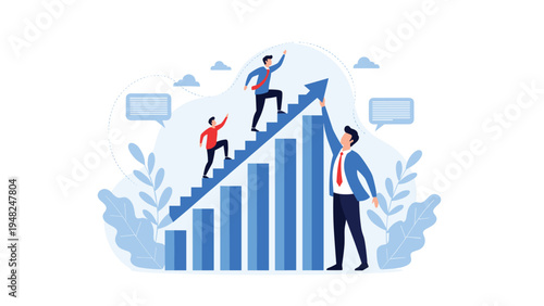 Successful leader helping his team members climb up a rising bar chart staircase representing professional mentoring and career advancement.