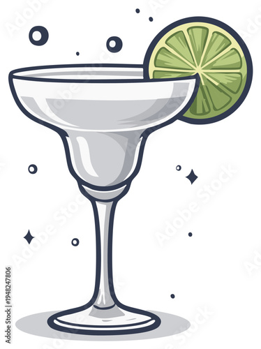 Cartoon illustration of a margarita cocktail with lime garnish isolated on white background.