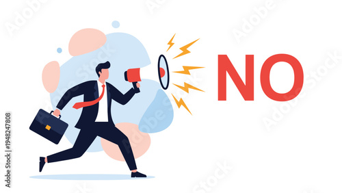Stressed businessman running and shouting through a megaphone next to a large red NO sign to express rejection or protest in office.