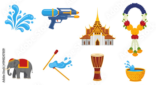 Collection of traditional Thai festival elements water splashes, water gun, temple, floral garland, elephant, and drum, ideal for cultural celebration designs
