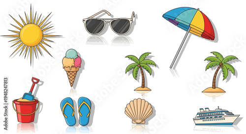 Collection of vibrant summer vacation essentials illustration featuring sun, beach accessories, and tropical travel elements for your holiday designs