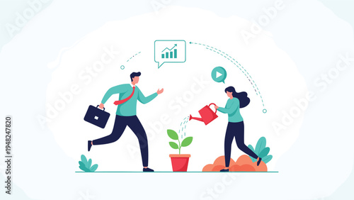Collaborative team members watering a growing plant and bringing data insights to represent business development and nurturing startup ideas.