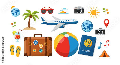 A vibrant assortment of essential travel and vacation elements, perfect for illustrating holiday adventures, summer escapes, global journeys, and unforgettable leisure experiences