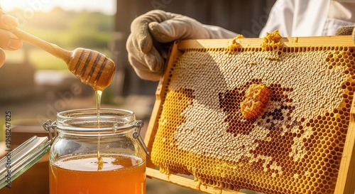 Beekeeper Extracting Natural Golden Honey from Honeycomb Frame into Jar at Sunset