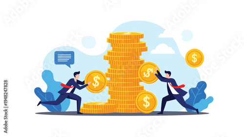 Two business partners working together to add large gold coins to a growing stack representing collective savings and wealth accumulation.