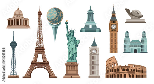 An illustrative set of iconic global landmarks, showcasing famous architectural wonders and popular travel destinations from diverse cultures across the world