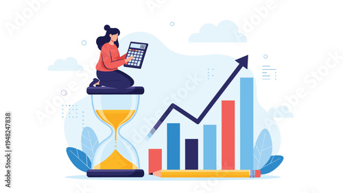 Financial professional sitting on a large hourglass using a calculator next to a rising bar chart to represent time management and profit growth.