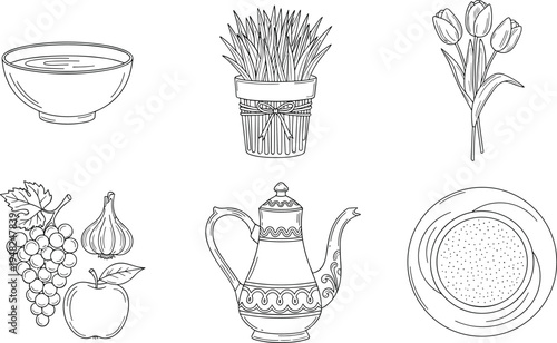 Nowruz and Persian new year traditional symbols line icon set including sabzeh, tulips, samovar, fruits and ceremonial food