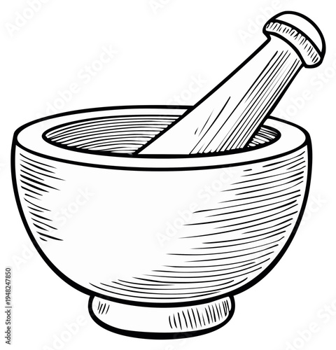 Hand drawn illustration of a mortar and pestle perfect for culinary or apothecary concepts