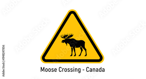 Striking yellow triangular road sign featuring a clear silhouette of a majestic moose, signaling a crucial wildlife crossing warning for drivers and adventurers