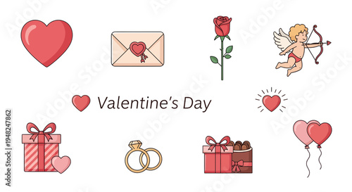 A charming collection of romantic vector icons, featuring hearts, roses, cupid, rings, gifts, and balloons, perfect for expressing love and celebration on special occasions