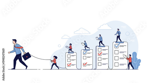 Senior manager pulling a rope attached to several junior employees standing on checklist pages to represent team leadership and workflow control.