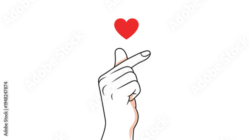 Hand making trendy korean finger heart gesture with red heart symbol floating above against plain white background.