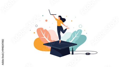 Successful female graduate standing on a giant mortarboard cap with a laptop celebrating educational achievement and future career prospects.