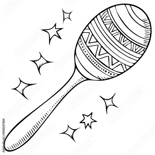 Hand-drawn illustration of a decorative maraca with radiating starbursts